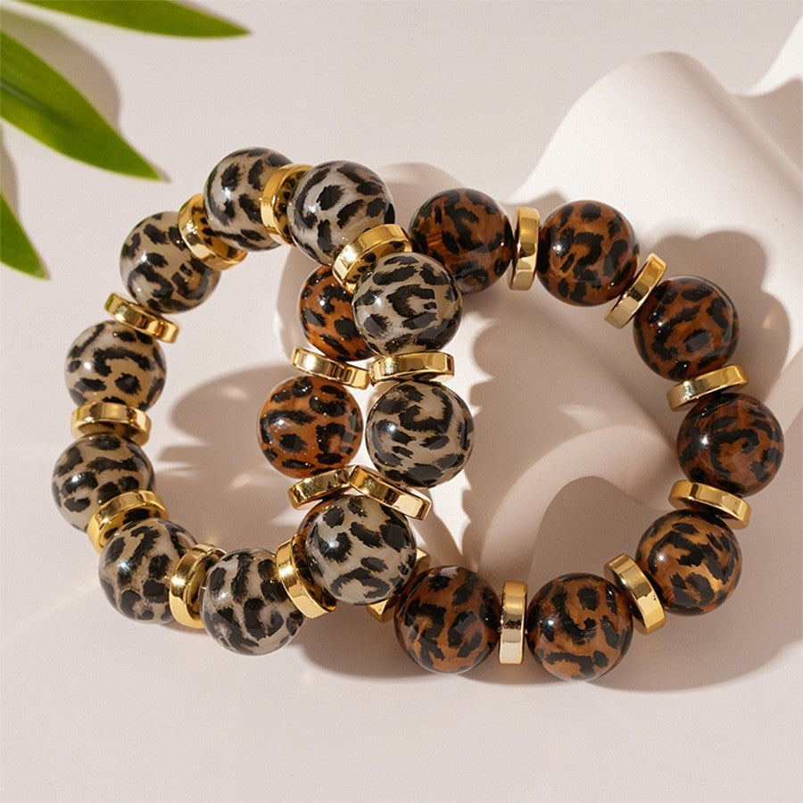 2PC Leopard Print Acrylic Beaded Bracelets Gold Spacers Set Stretch