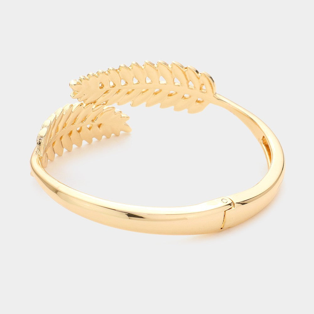 Gold Metal Leaf Hinged Bangle Bracelet Elegant Nature Inspired Fashion Jewelry