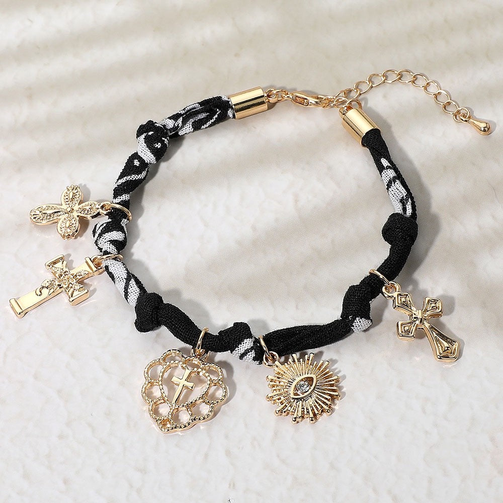 Women's Gold Charm Fabric Bracelet Set Cross Evil Eye Heart Religious Jewelry