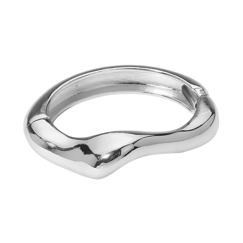 Polished Silver Tone Organic Wave Shaped Sculptural Hinge Statement Bangle