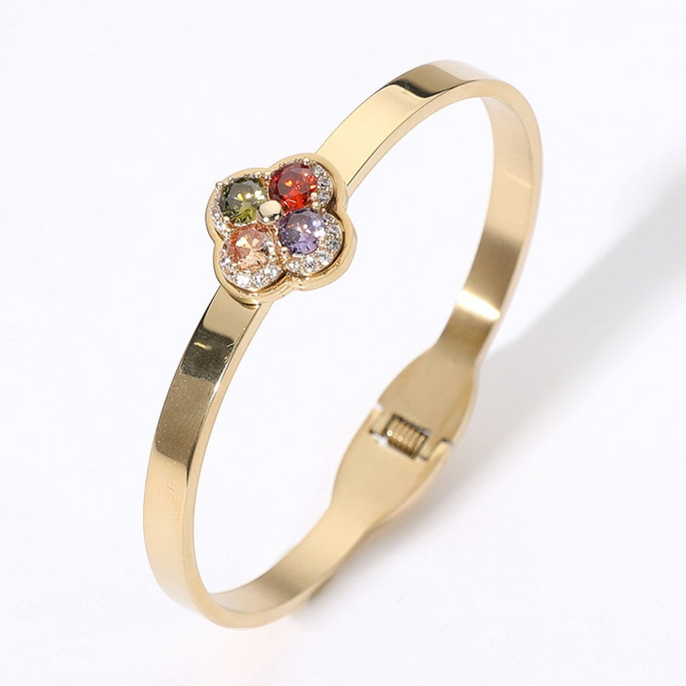 Gold Tone Stainless Steel CZ Stone Quatrefoil Hinged Bangle Bracelet for Women
