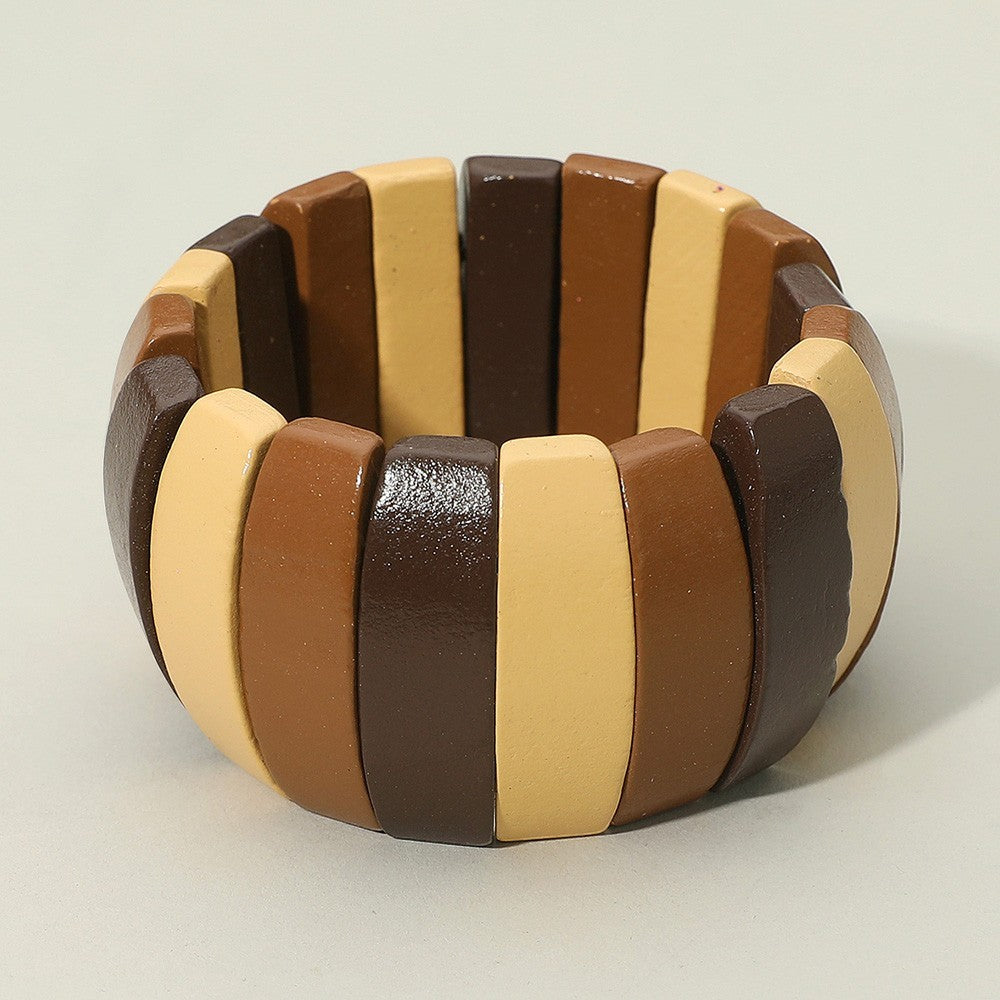 2pcs Boho Wooden Block Bracelet Stretch Wide Cuff Multi Color Earth Tones
