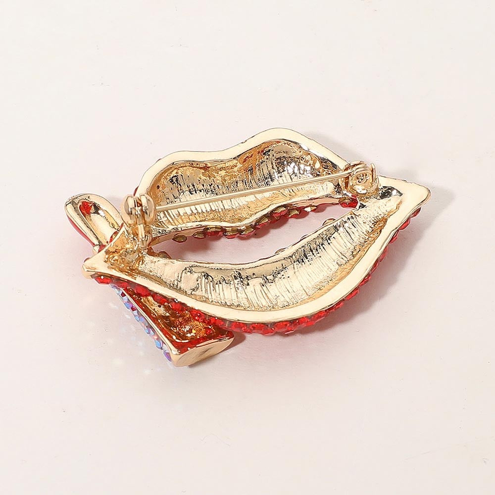 Red Crystal Pouty Lips and Lipstick Gold Tone Fashion Brooch Pin Statement