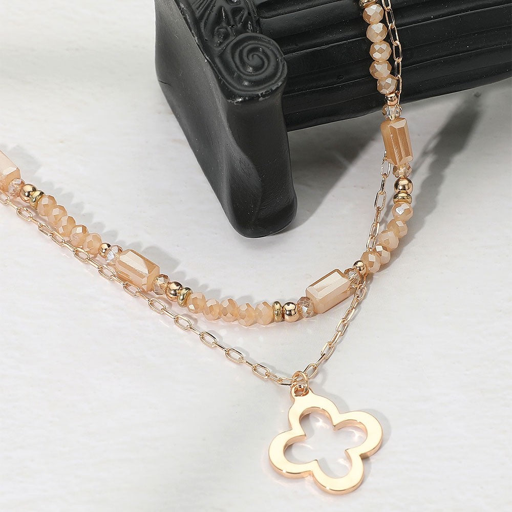 Gold Double Layer Beaded Clover Pendant Necklace Elegant Fashion Jewelry