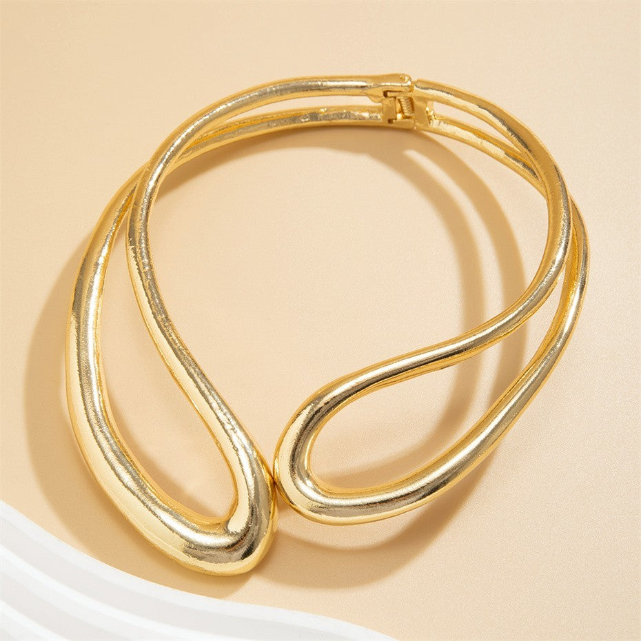 Chunky Gold Plated Metal Collar Necklace | Sculptural Statement Jewelry Ladies