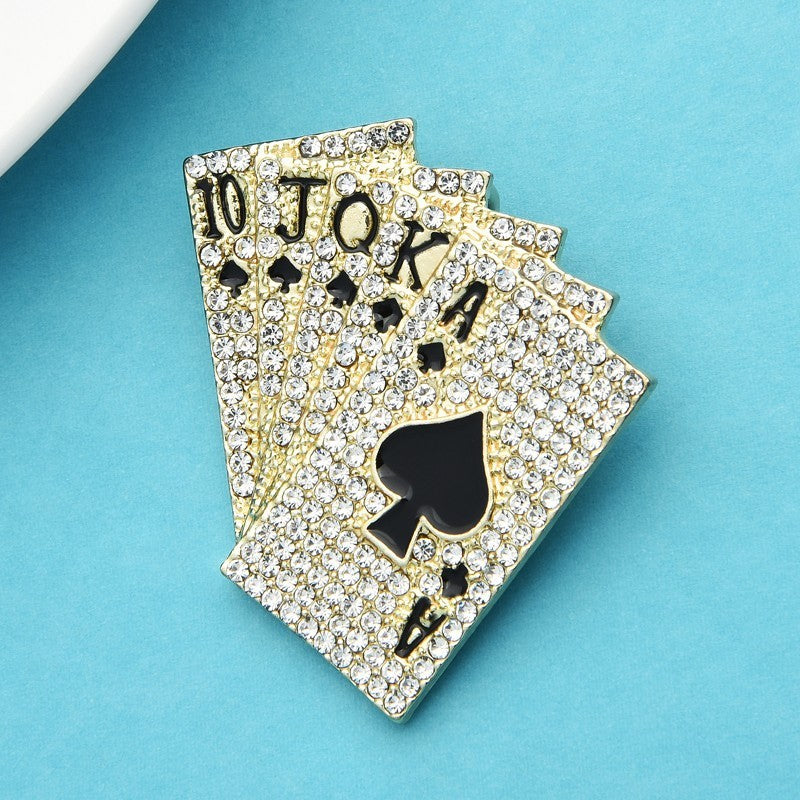 Gold Tone Royal Flush Playing Card Brooch Rhinestone Pin Poker Jewelry Gift