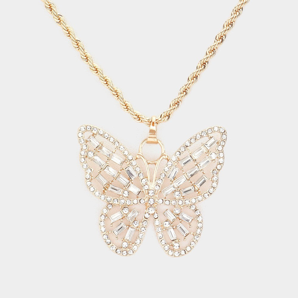 Gold Butterfly Pendant Necklace Clear Baguette Crystal 16-19 Inch Rope Chain