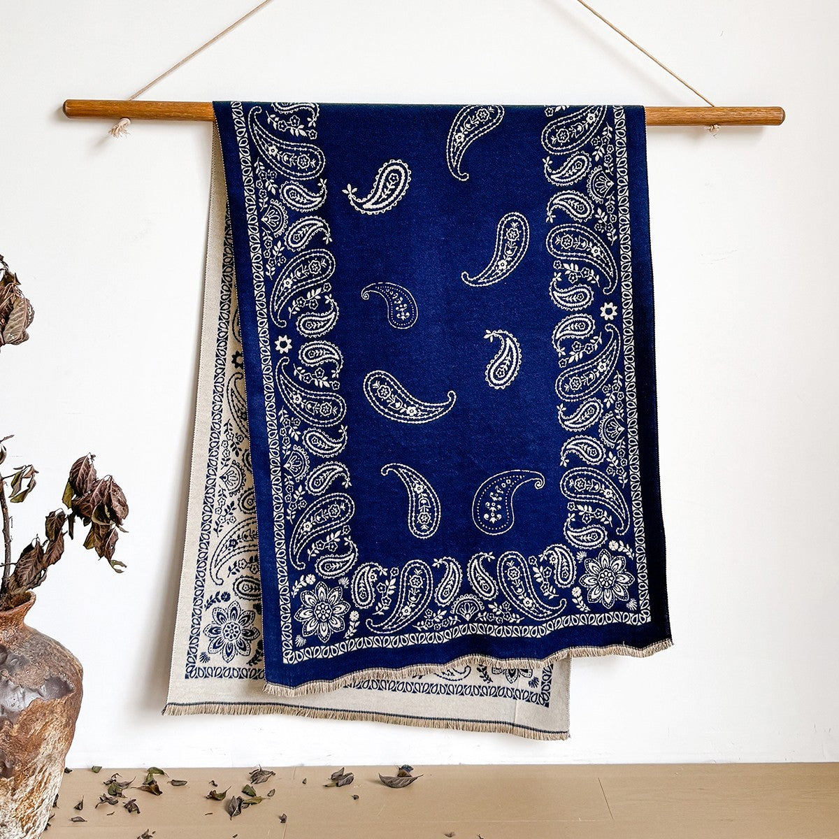 Reversible Blue Beige Paisley Cashmere Feel Scarf Shawl Wrap