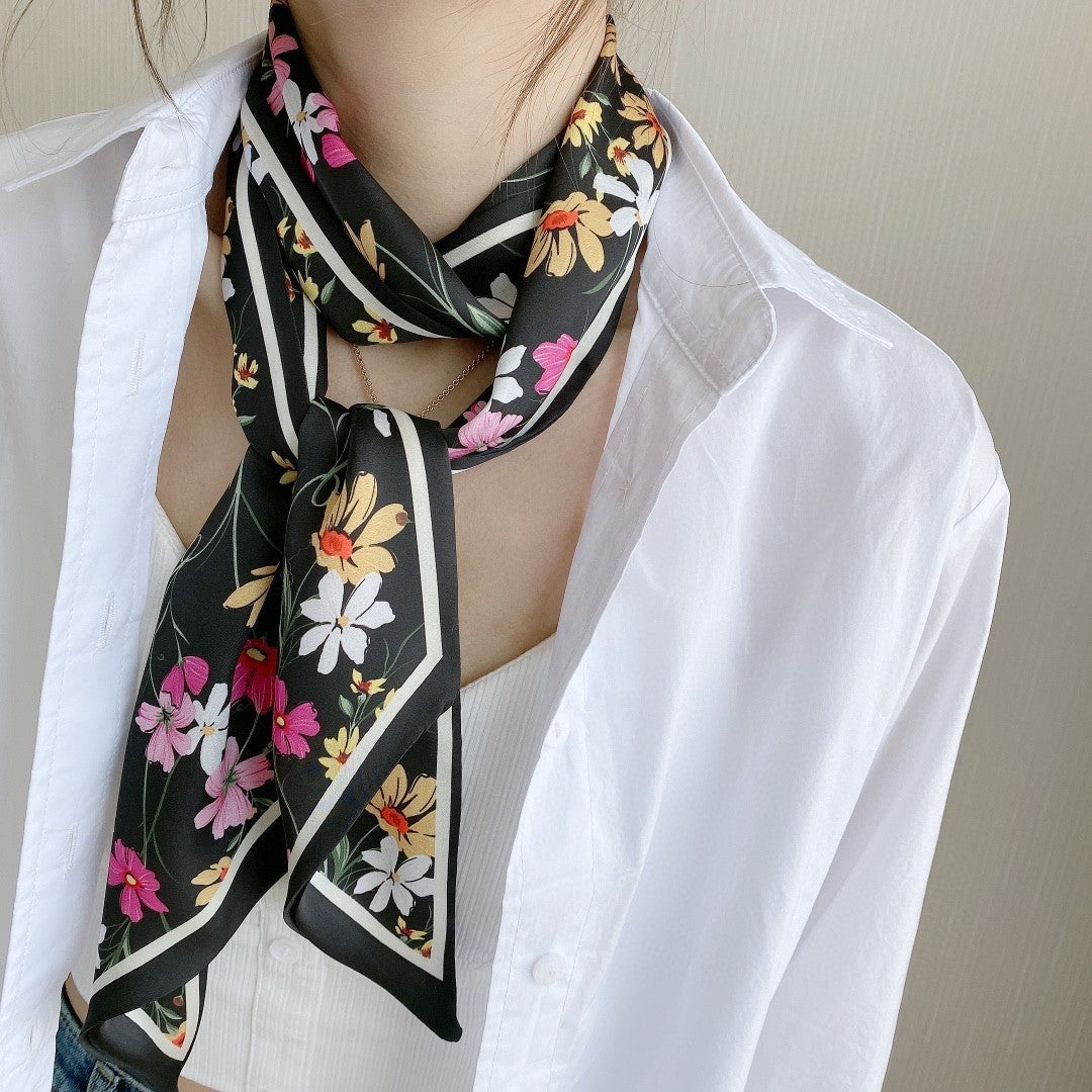 2 Pack Black White Floral Skinny Scarf Set Twilly Foulard Thin Neck Tie Ribbons