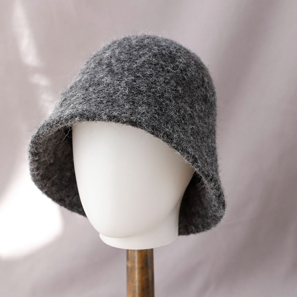 Grey Fuzzy Wool Blend Bucket Hat Winter Cloche Soft Knit 90s Vintage Style