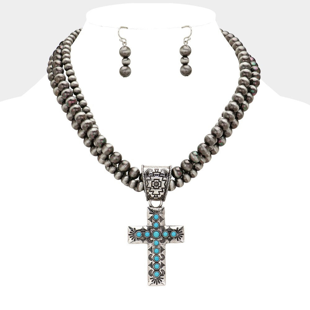 Western Turquoise  Cross  Pendant Multi Layered Necklace Unisex