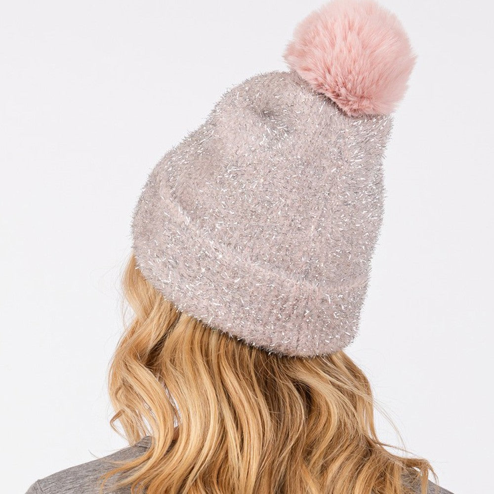Women’s Shimmer Knit Pom Pom Beanie Hat Fleece Lined Winter Ski Cap Pink Tan