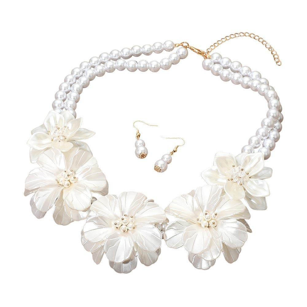 Womens Floral Link Pearl Layered Statement Necklace & Earrings Jewelry Set White