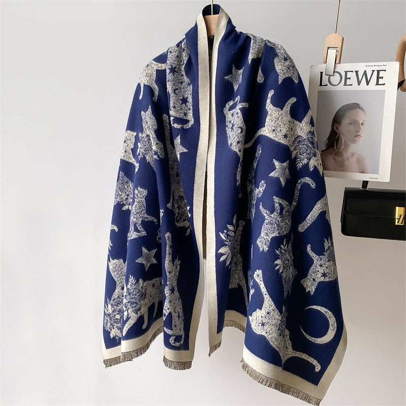 New Reversible Cat Print Shawl Scarf Cashmere Feel Polyester Navy Cream