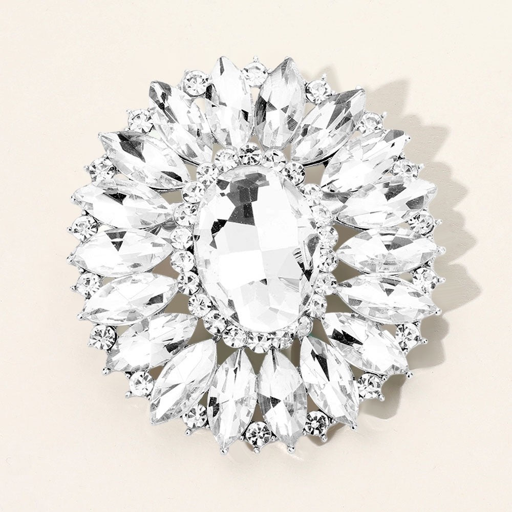 2pc Crystal Rhinestone Brooch Pin Set Oval Marquise Flower Jewelry Silver Grey