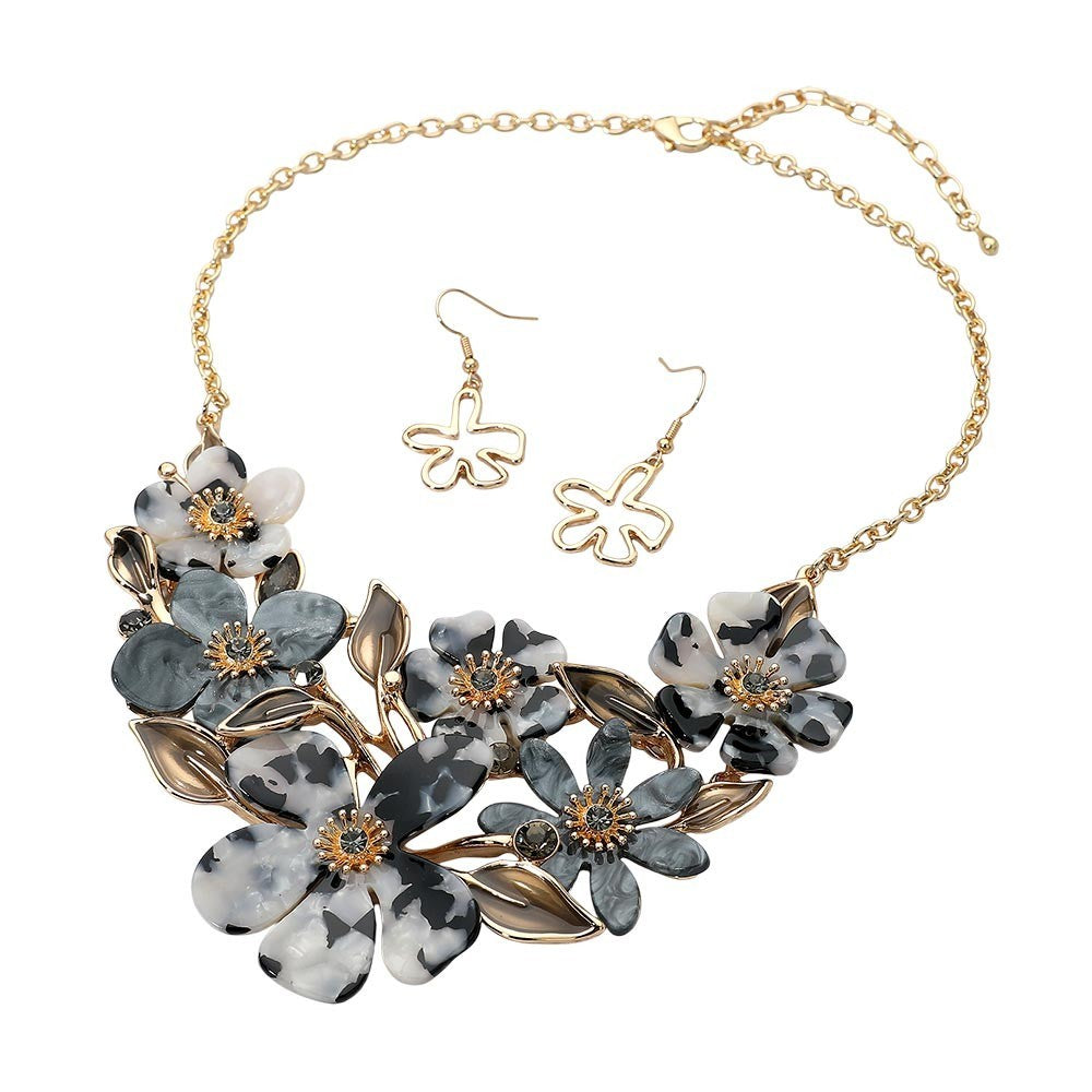 Floral Bib Statement Necklace Set Gray White Marble Petal Gold Tone Earrings