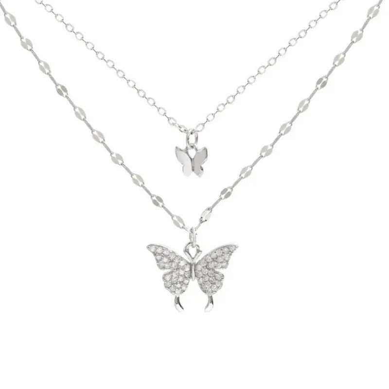 Layered Butterfly Charm Necklace for Women Silver Plated Double Chain