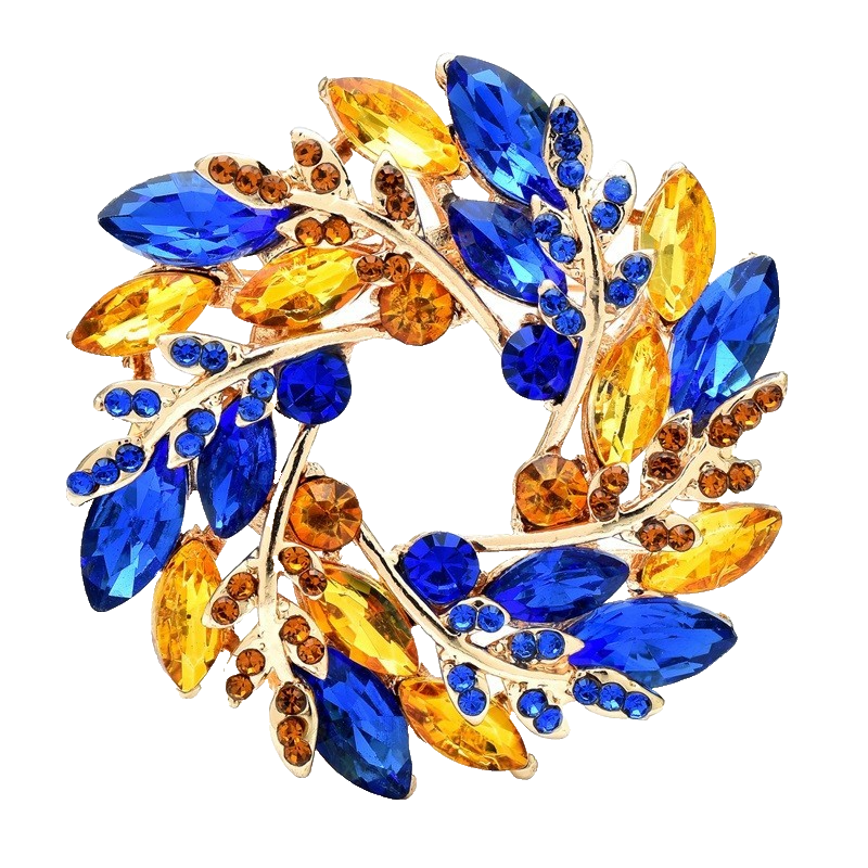 Gold Tone Rhinestone Wreath Brooch Pin Blue Yellow Crystal Round Statement Jewel