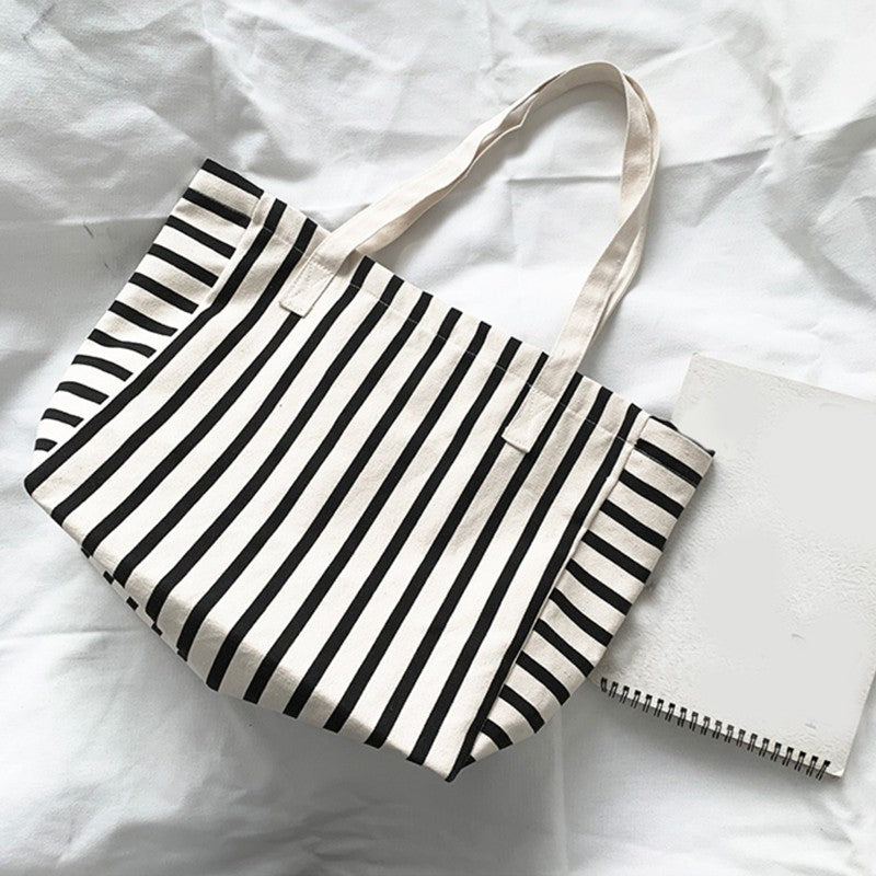 Large Canvas Tote Bag Striped Black White Shoulder Handbag Cotton Beach Shopper