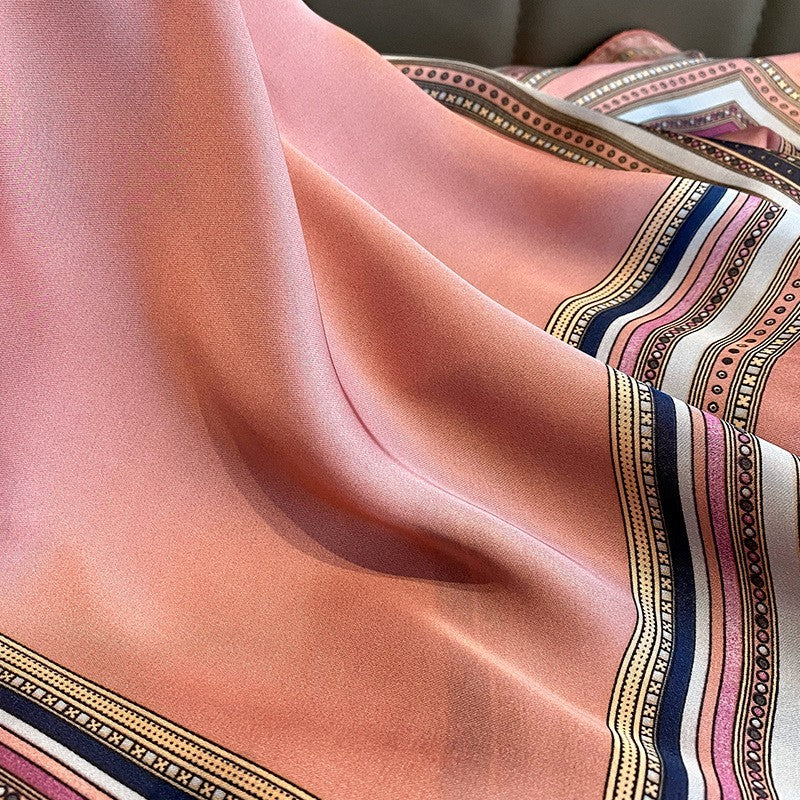 Patchwork Floral Border Print Scarf Dusty Rose Beige Oversize Silk Feel Wrap