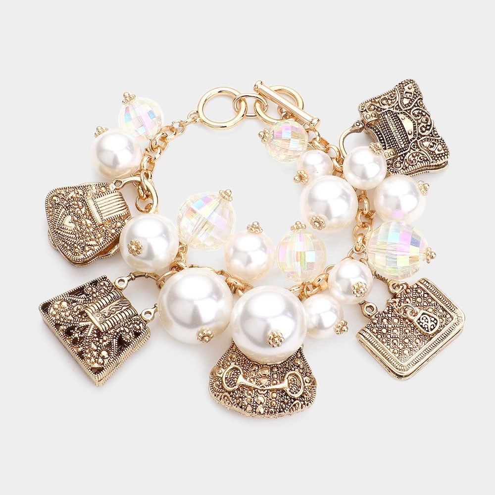 Vintage Style Gold Tone Faux Pearl Handbag Charm Toggle Statement Bracelet