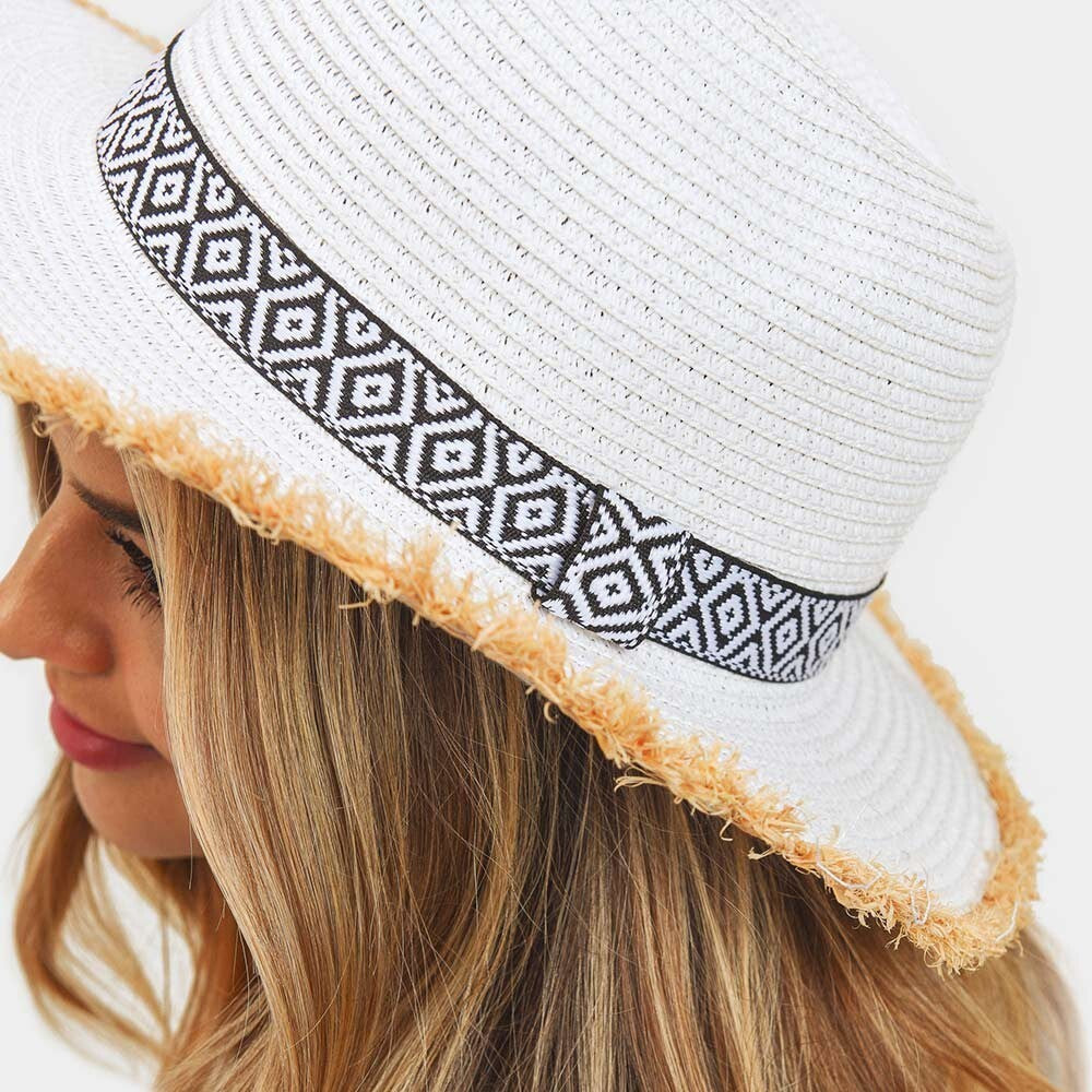 Frayed Trim Aztec Straw Hat for Women Summer Boho Style Beach Sun Hat White