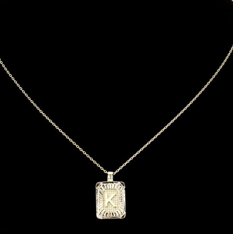 Gold Initial "K" Rectangular Sunburst Pendant Necklace Brass Fashion Jewelry