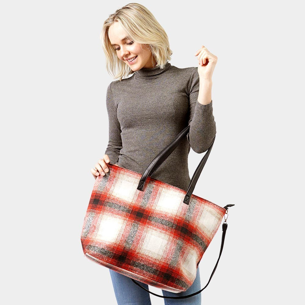 Women's Plaid Check Weekend Tote Bag Adjustable Detachable Straps Zipper Red