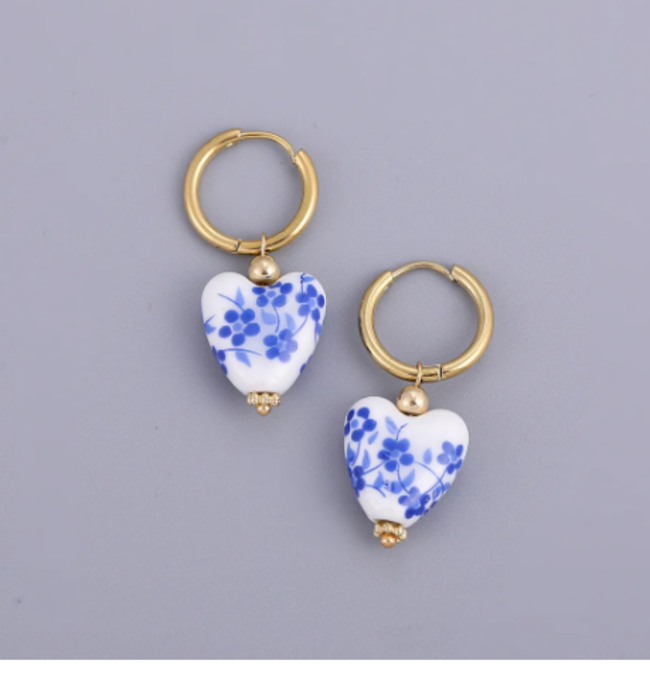 Vintage Blue White Porcelain Teapot Earrings Heart Pearl Dangle Jewelry Gift