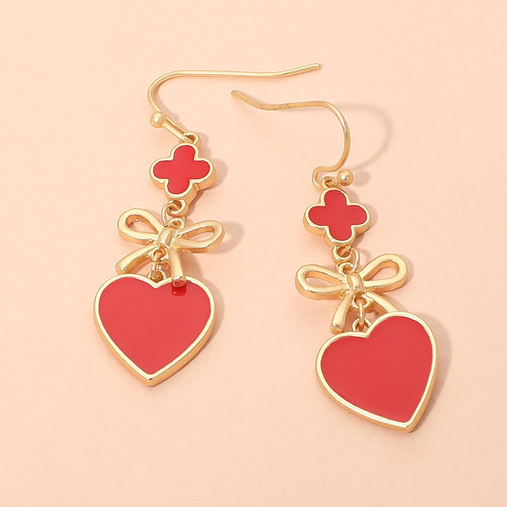 Red Heart Bow Dangle Earrings Gold Tone Clover Enamel Romantic Jewelry Accessory