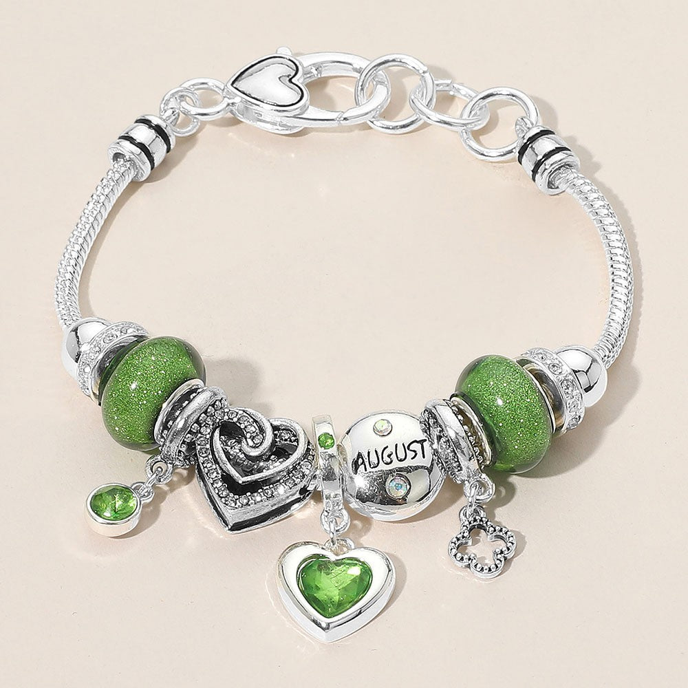 August Birthstone Bracelet Green Beaded Heart Charm Stretch Gift for Women