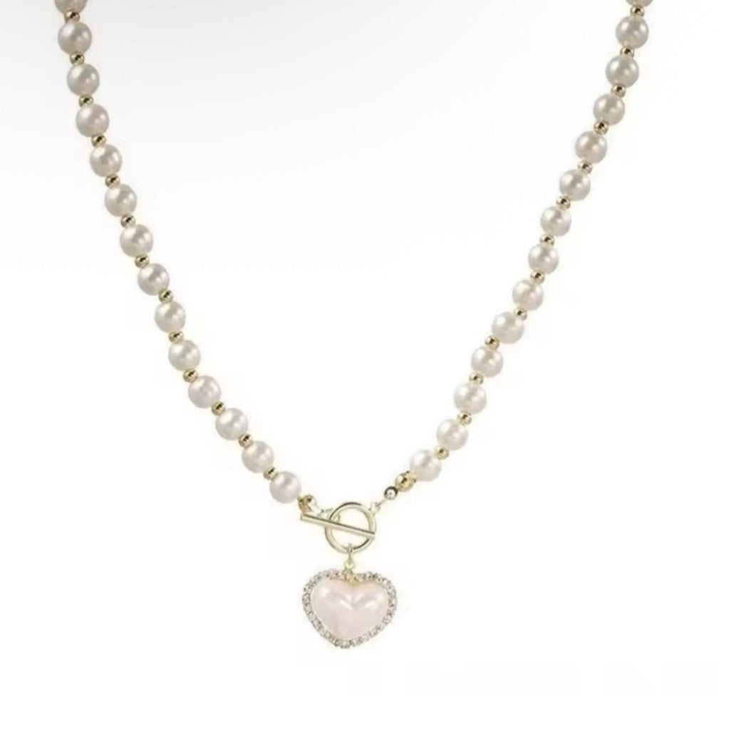 White Pearl Choker Necklace Heart Pendant Gold  Clasp Romantic Bridal Jewelry