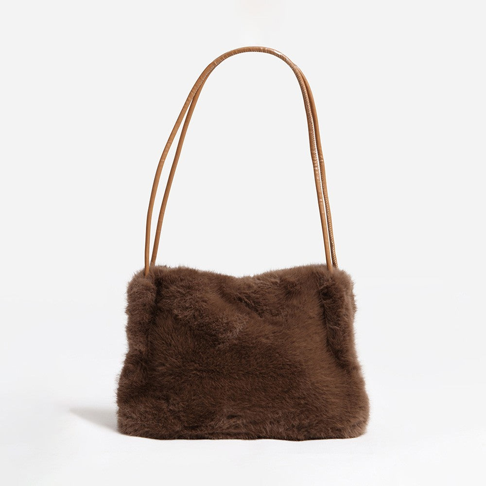 Brown Faux Fur Shoulder Bag with Tan Straps Winter Handbag Magnetic Closure