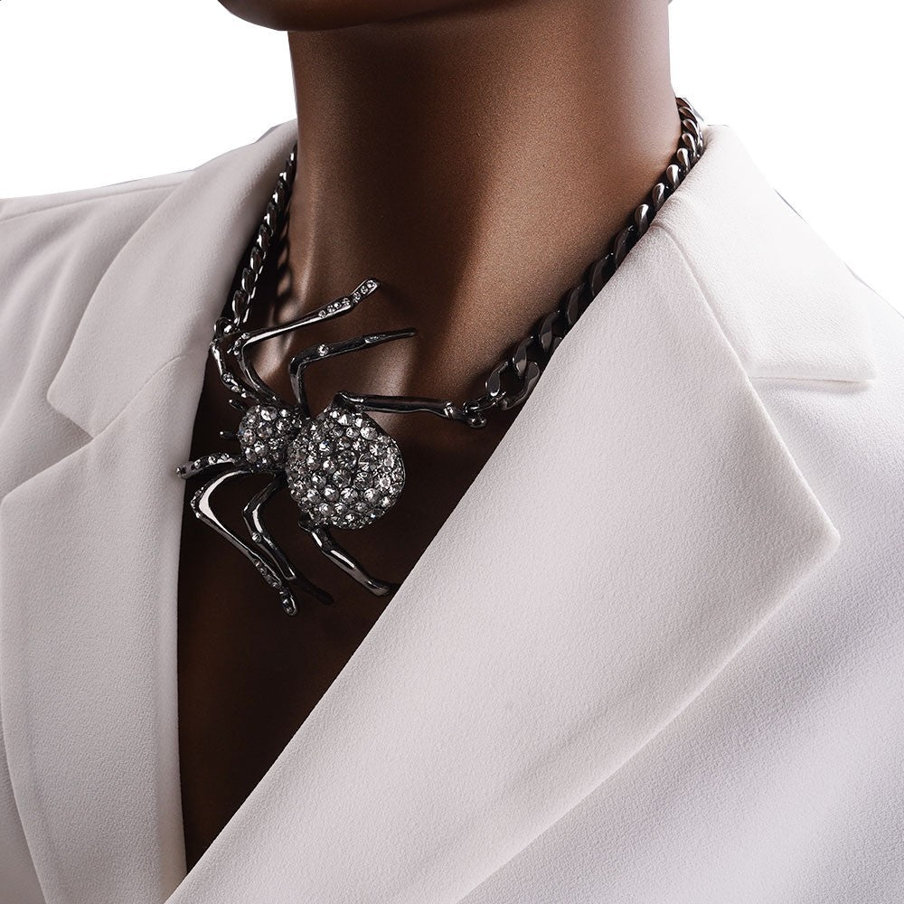 Large Spider Rhinestone Pendant Gunmetal Cable Chain Gothic Halloween Necklace