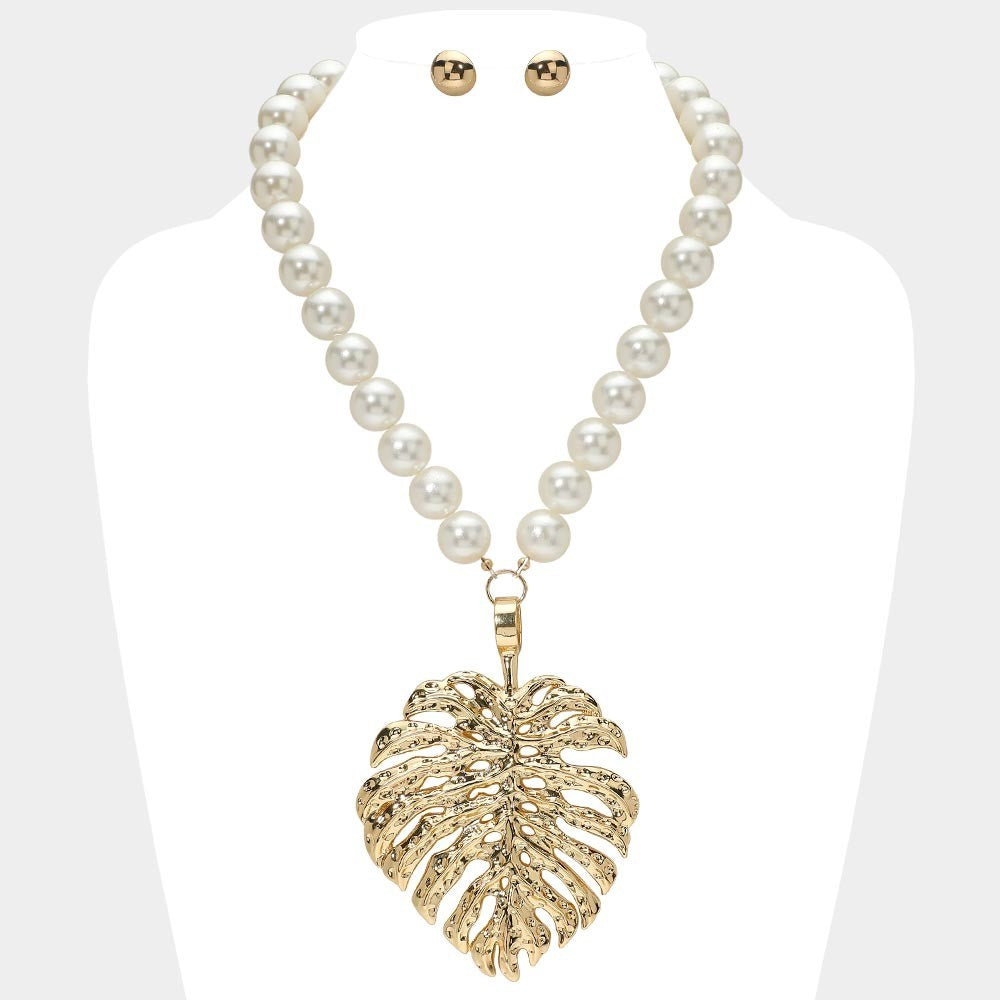 Tropical Monstera Gold Leaf Pearl Statement Necklace & Stud Earrings Set Gift