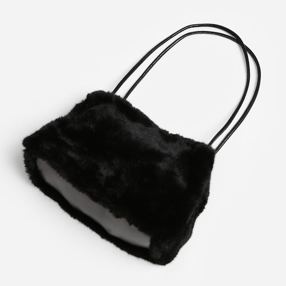 Black Faux Fur Shoulder Bag with Tan Straps Winter Handbag Magnetic Closure