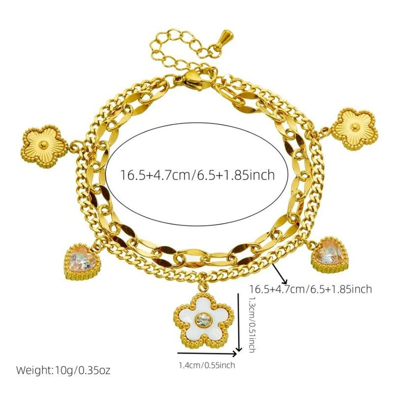 Yellow Gold Plated Double Layered Chain Charm Bracelet with Flowers & Hearts