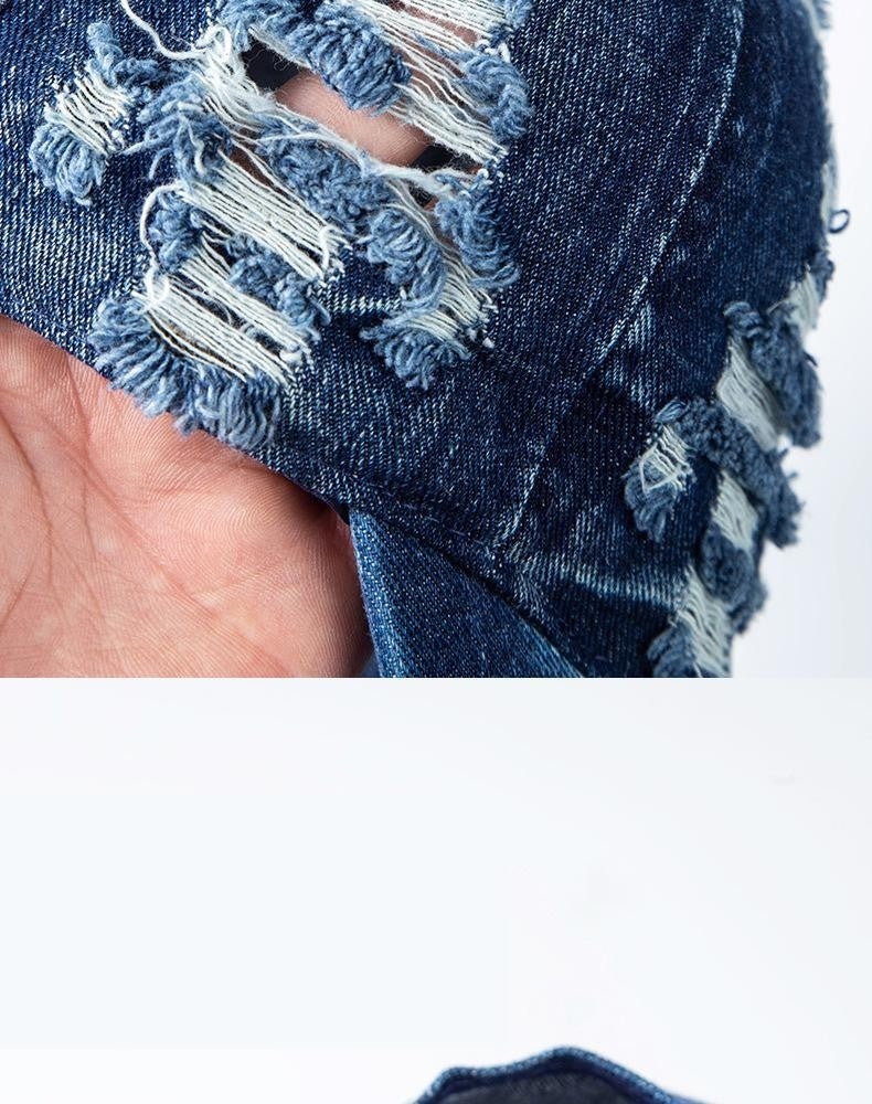 Distressed Ripped Denim Baseball Cap Deep Blue Dad Hat Adjustable Unisex