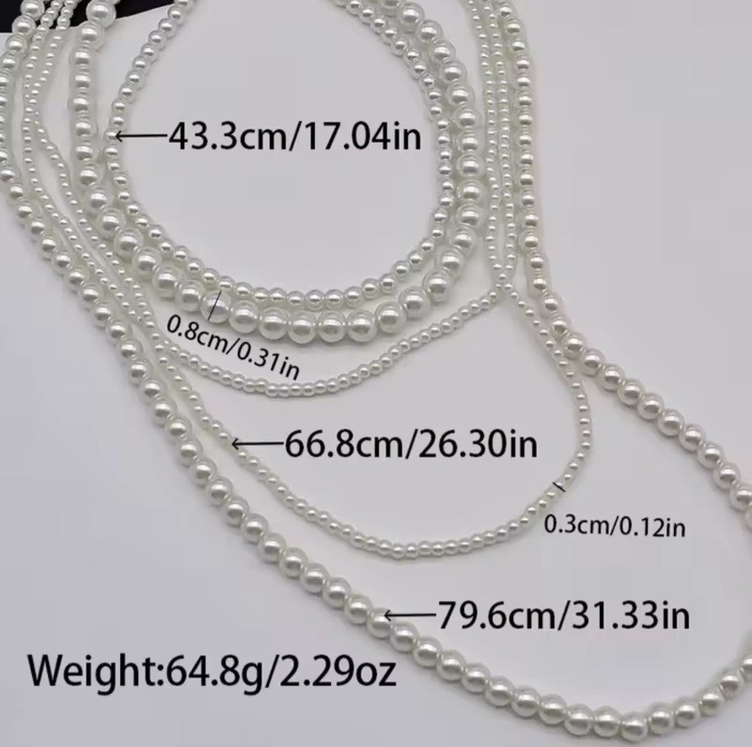 Multi Layer White Faux Pearl Statement Necklace Long Beaded Strand Wedding