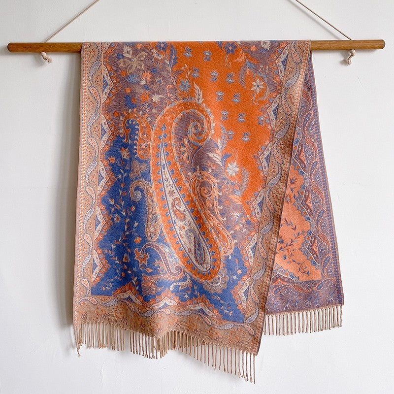 Reversible Blue Orange Paisley Cashmere Feel Shawl Wrap Fringe