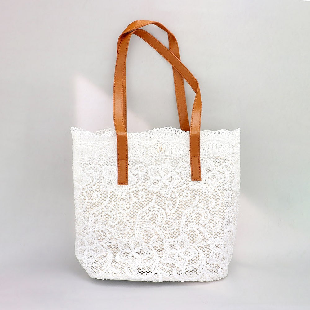 Flower Lace Shoulder Bag White Elegant Fabric Purse for Women