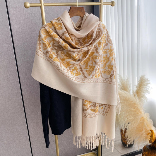 Beige Gold Ornate Pattern Pashmina Shawl Oversize Cashmere-Feel Winter Wrap