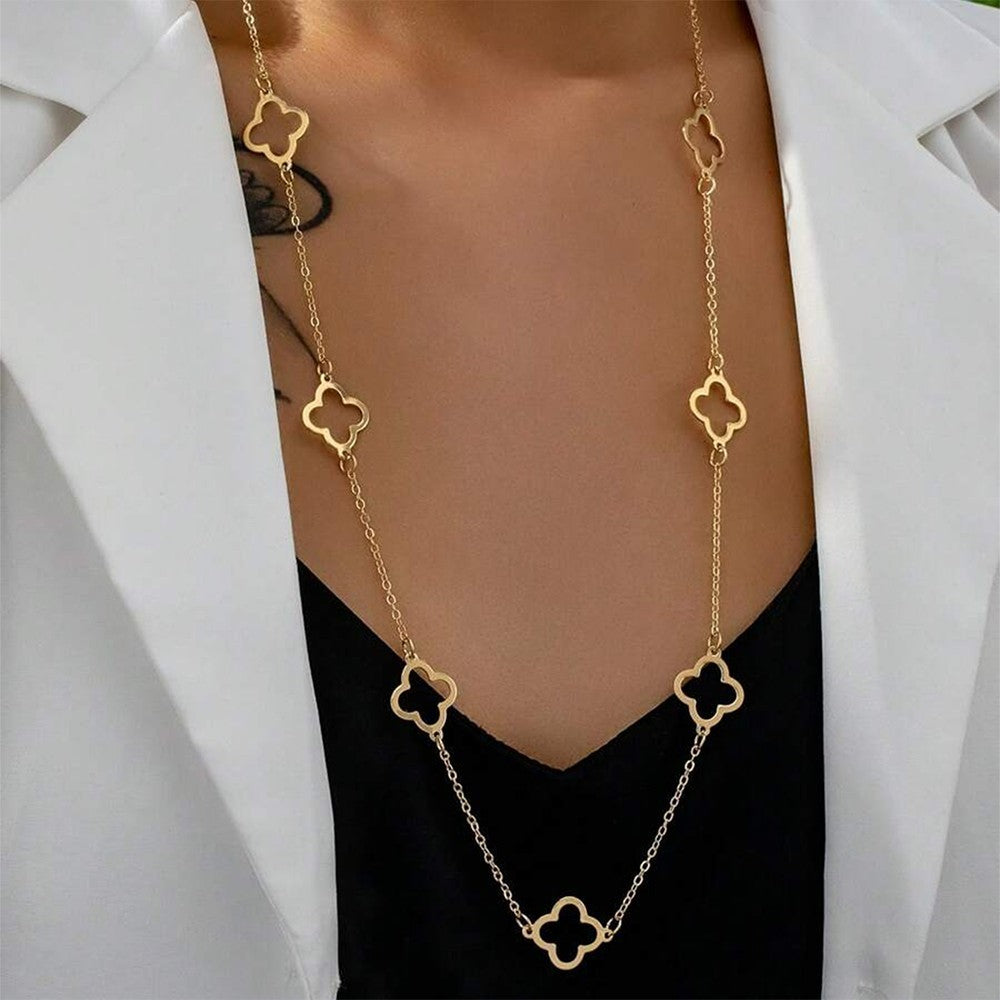 Gold Clover Long Pendant Necklace Women Fashion Chain Statement Jewelry Gift