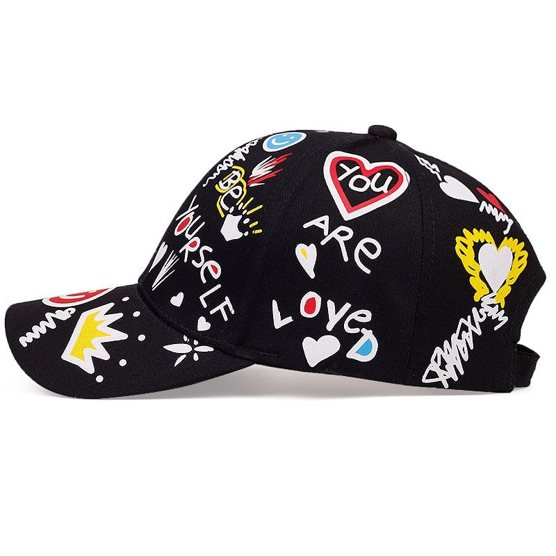 2pcs Graffiti Print Baseball Cap Be Yourself Inspirational Snapback Hat Set