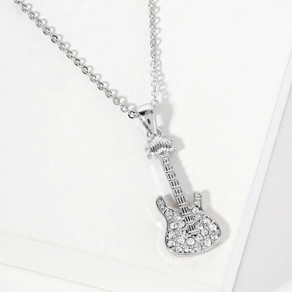 Silver Tone Chain Clear Stone Paved Electric Guitar Pendant Necklace for Women