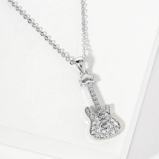 Silver Tone Chain Clear Stone Paved Electric Guitar Pendant Necklace for Women
