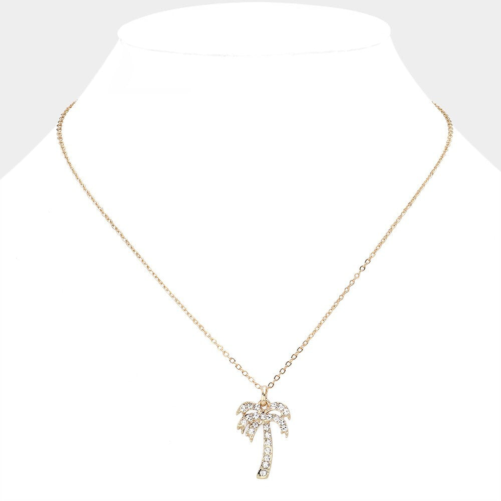 Crystal Paved Palm Tree Pendant Necklace Tropical Summer Beach Jewelry Gift