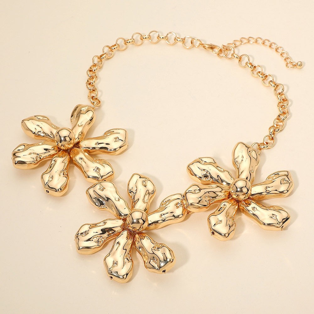 Gold Abstract Triple Flower Statement Bib Necklace Chunky Textured Jewelry