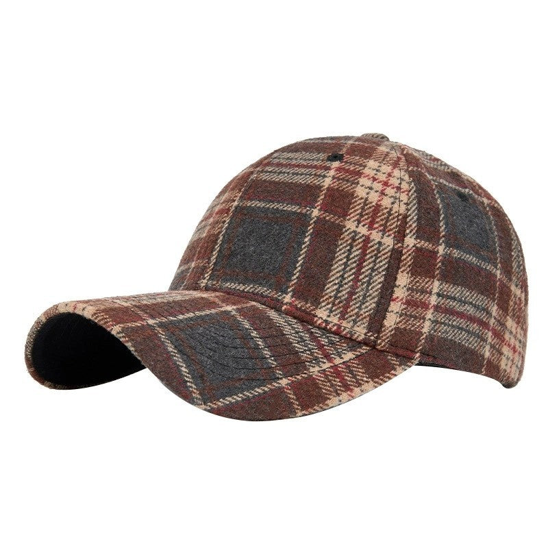 Brown Plaid Baseball Cap Winter Wool Blend Hat Adjustable Men