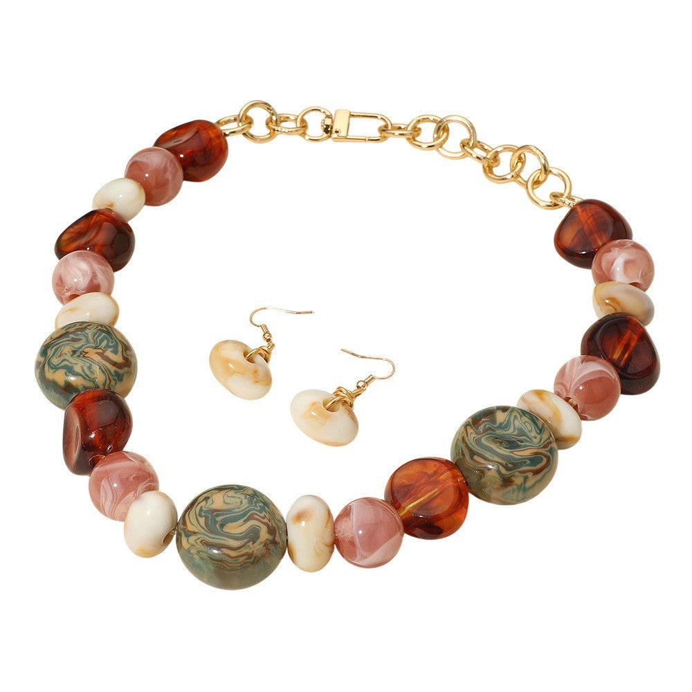 Chunky Marble Resin Bead Statement Necklace & Earring Set Gold Tone